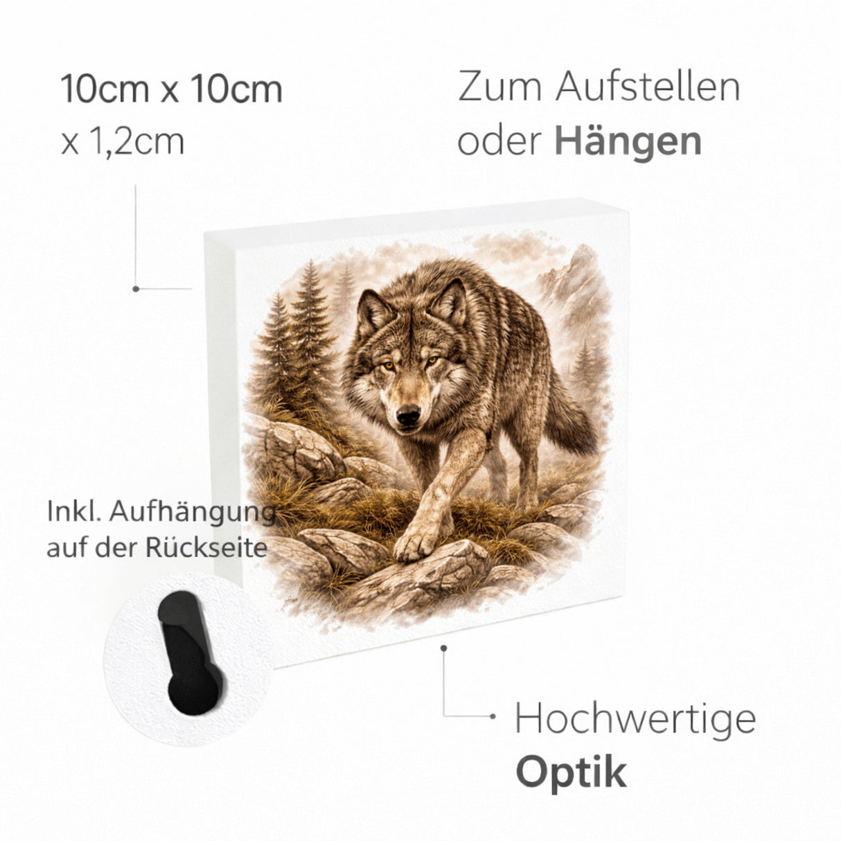 Wolfsmagie Wolf in Bergen Holzbild in 10x10 cm zum Stellen oder Aufhängen