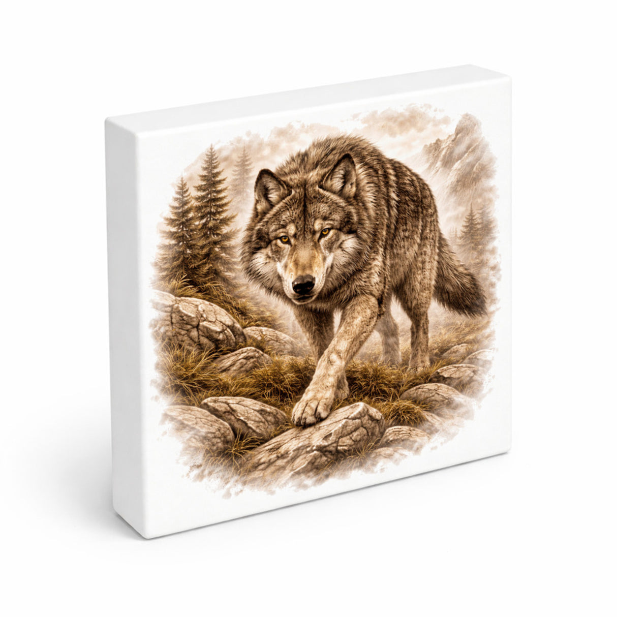 Wolfsmagie Wolf in Bergen Holzbild in 10x10 cm zum Stellen oder Aufhängen