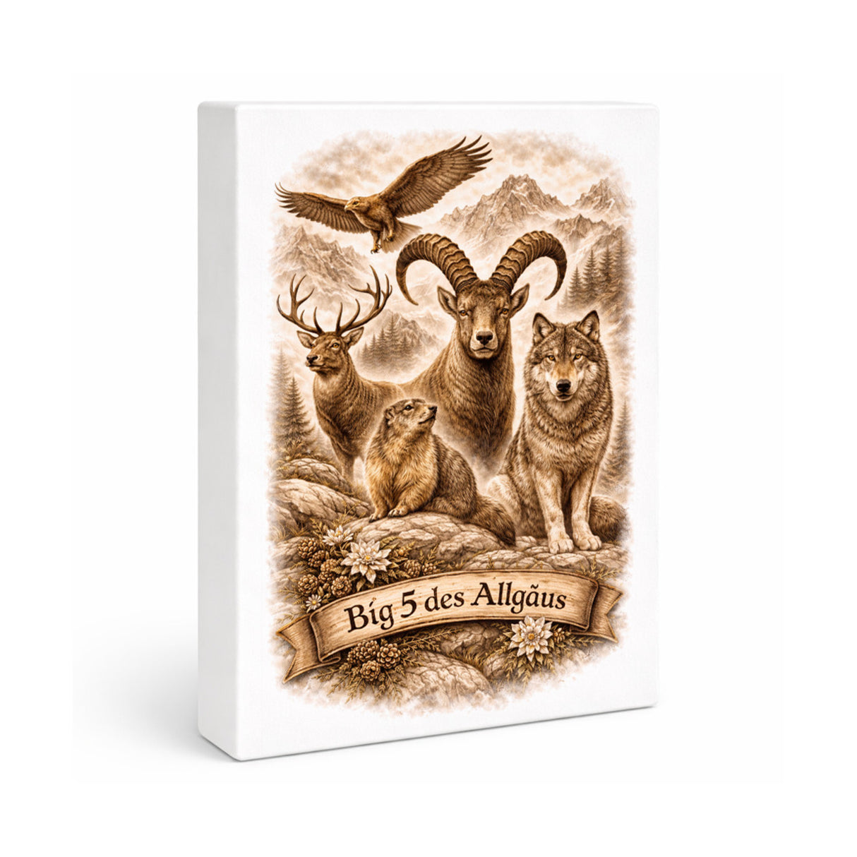Big 5 des Allgäus Holzbild in 20x15 cm zum Stellen oder Aufhängen mit Tiermotiven
