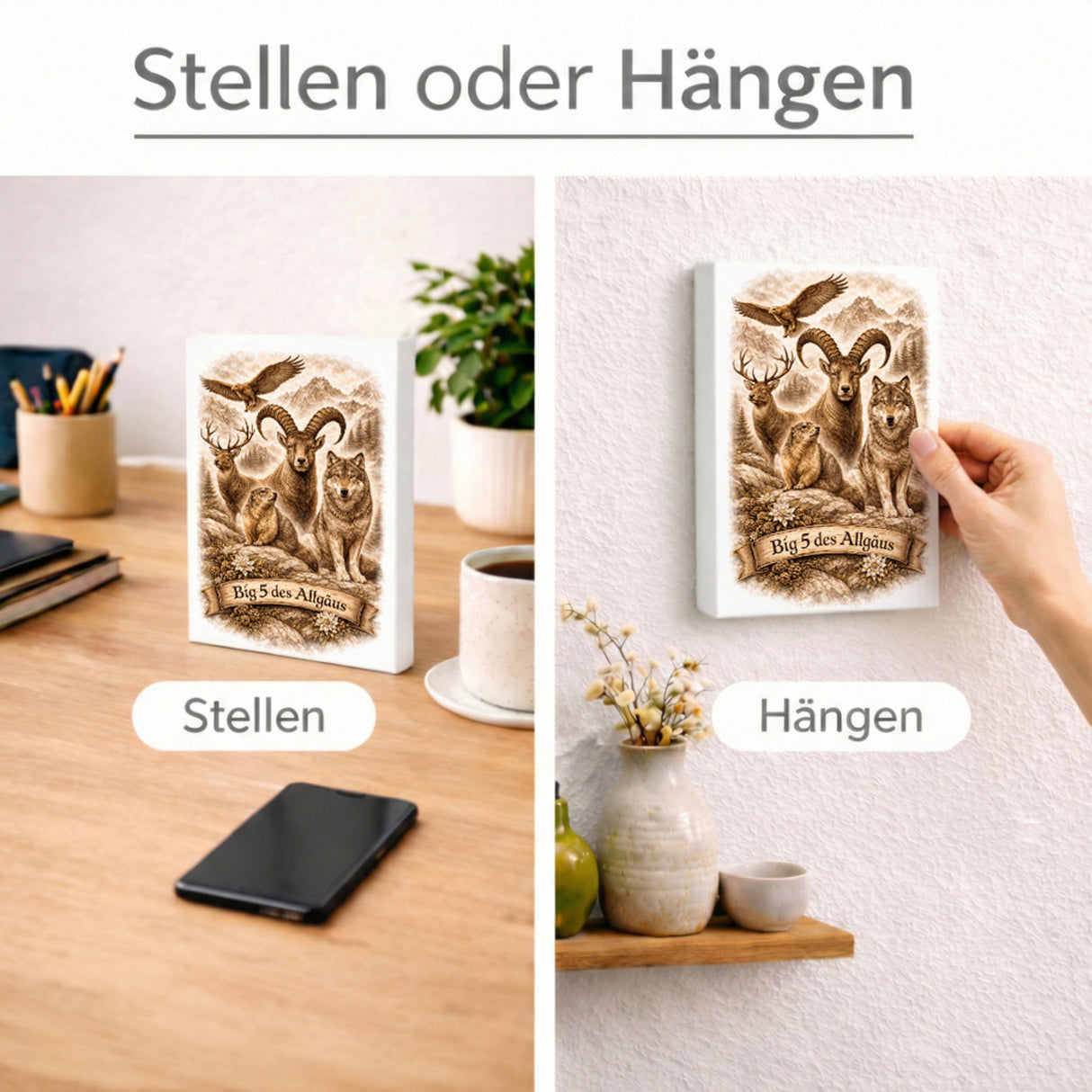 Big 5 des Allgäus Holzbild in 20x15 cm zum Stellen oder Aufhängen mit Tiermotiven