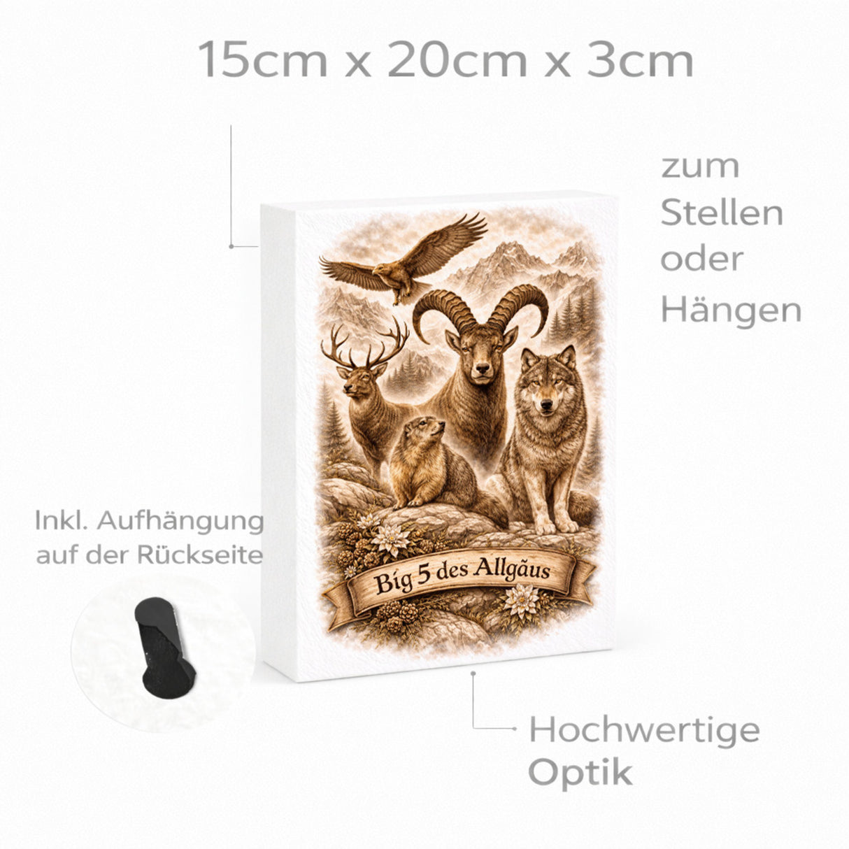 Big 5 des Allgäus Holzbild in 20x15 cm zum Stellen oder Aufhängen mit Tiermotiven