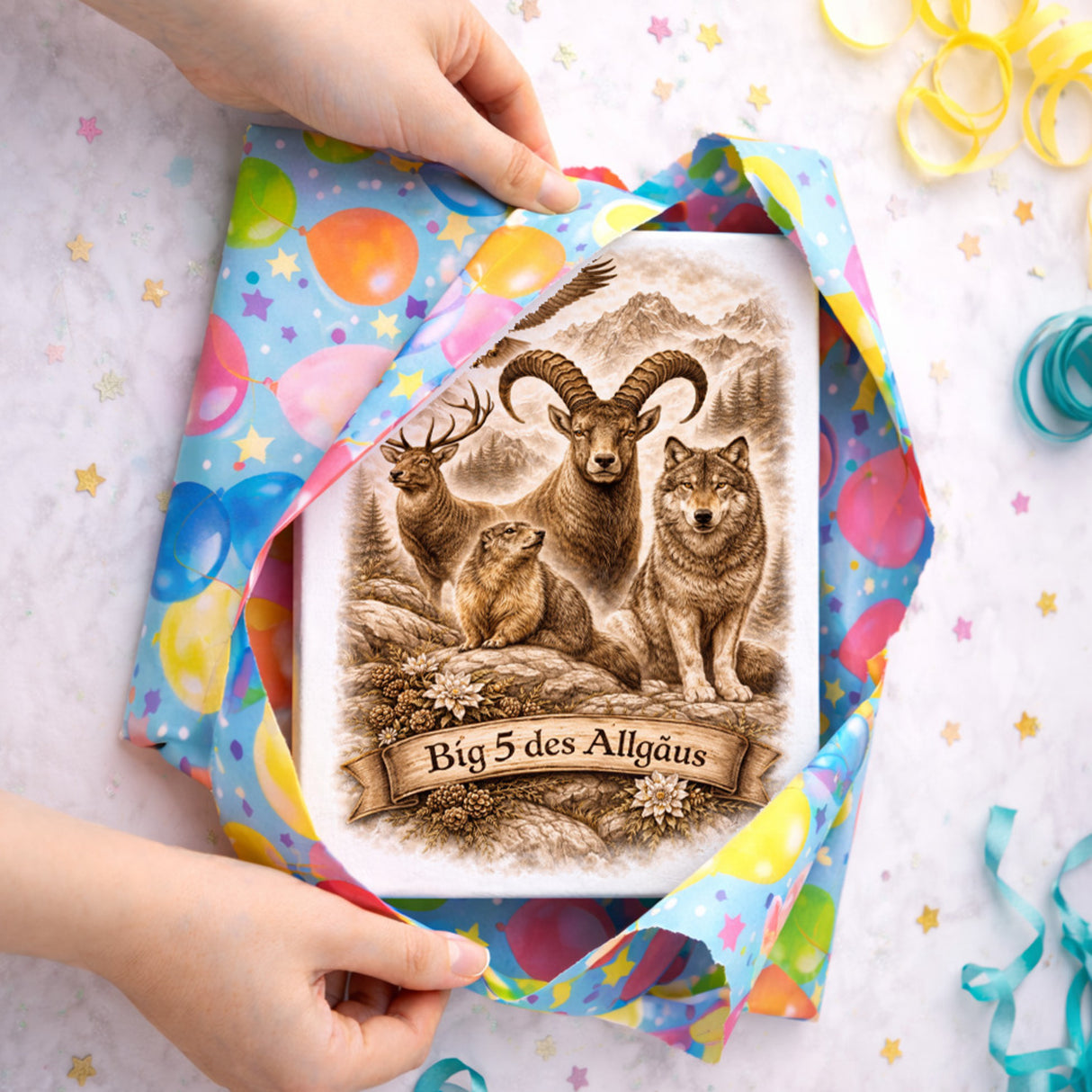 Big 5 des Allgäus Holzbild in 20x15 cm zum Stellen oder Aufhängen mit Tiermotiven