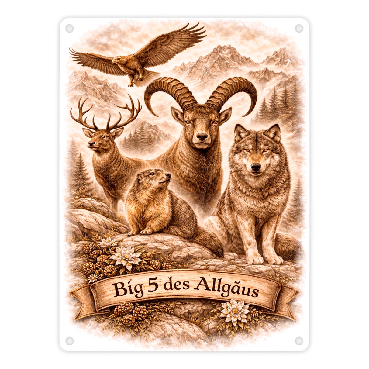 Big 5 des Allgäus Metallschild in 15x20 cm mit Tiermotiven