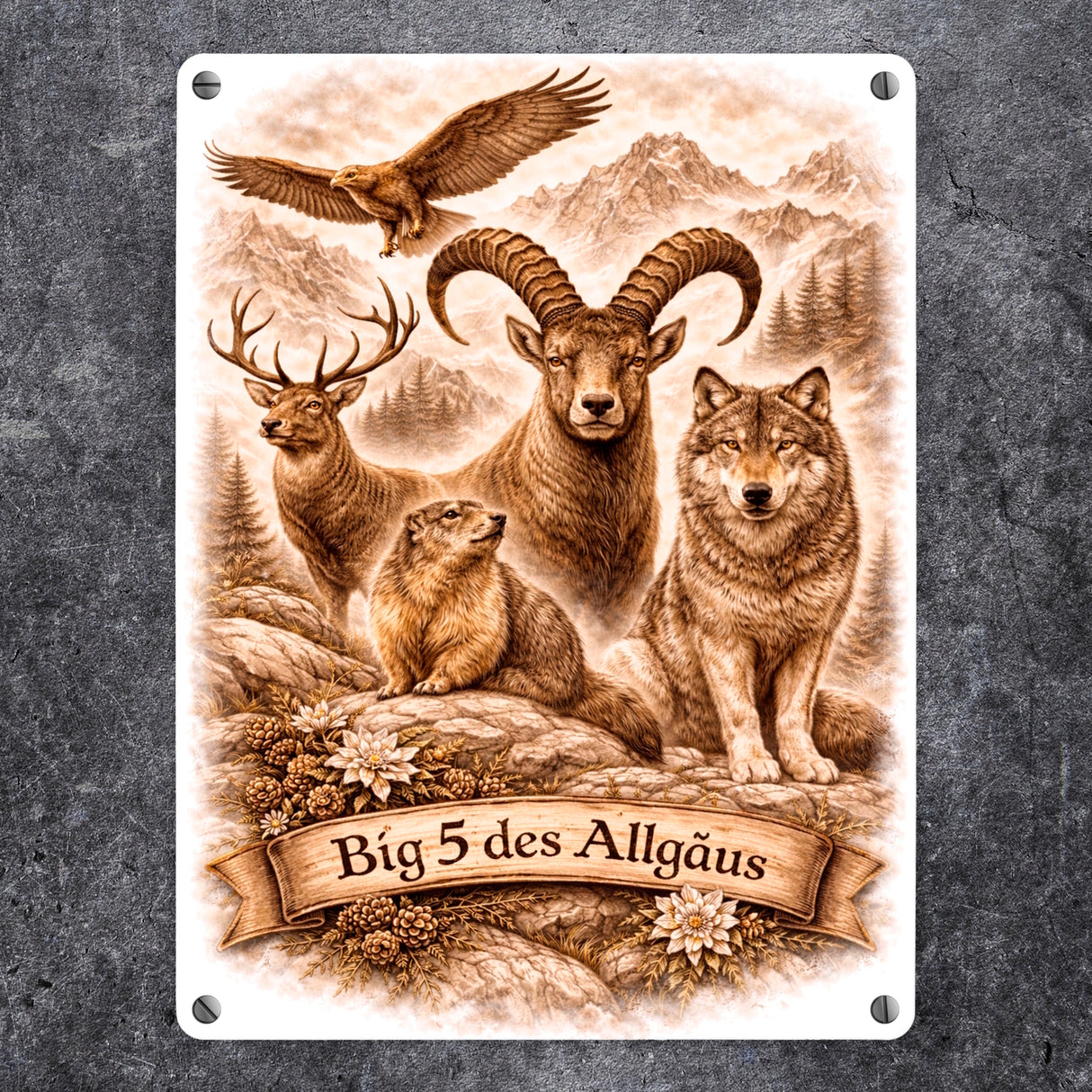 Big 5 des Allgäus Metallschild in 15x20 cm mit Tiermotiven