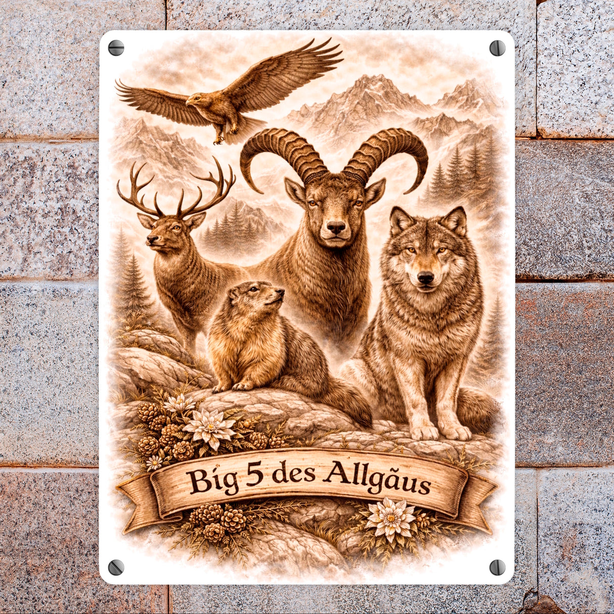 Big 5 des Allgäus Metallschild in 15x20 cm mit Tiermotiven