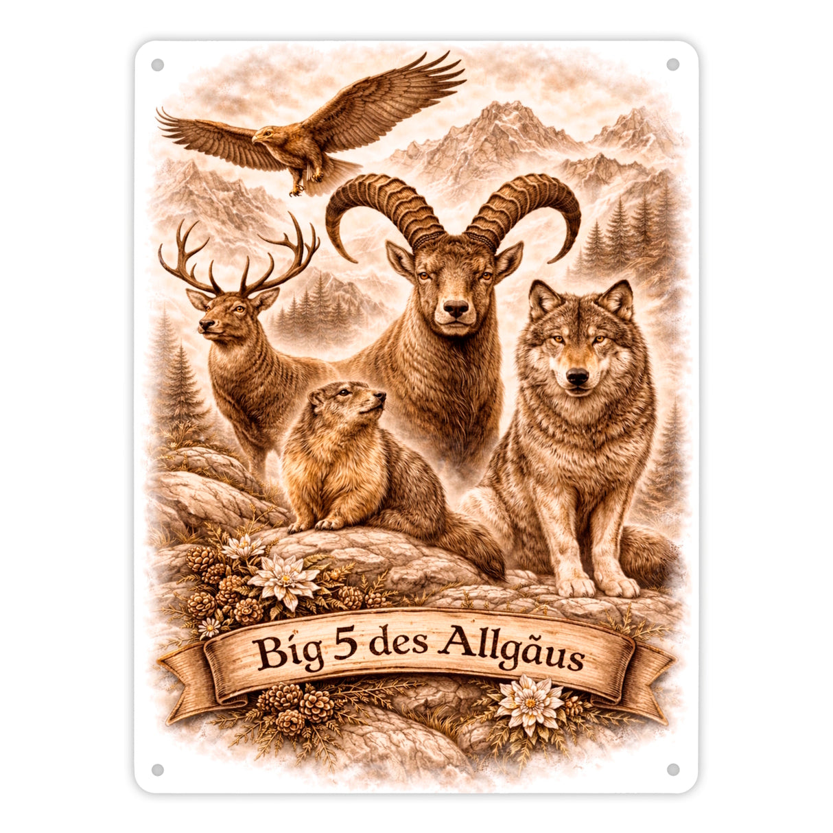 Big 5 des Allgäus Metallschild in 15x20 cm mit Tiermotiven