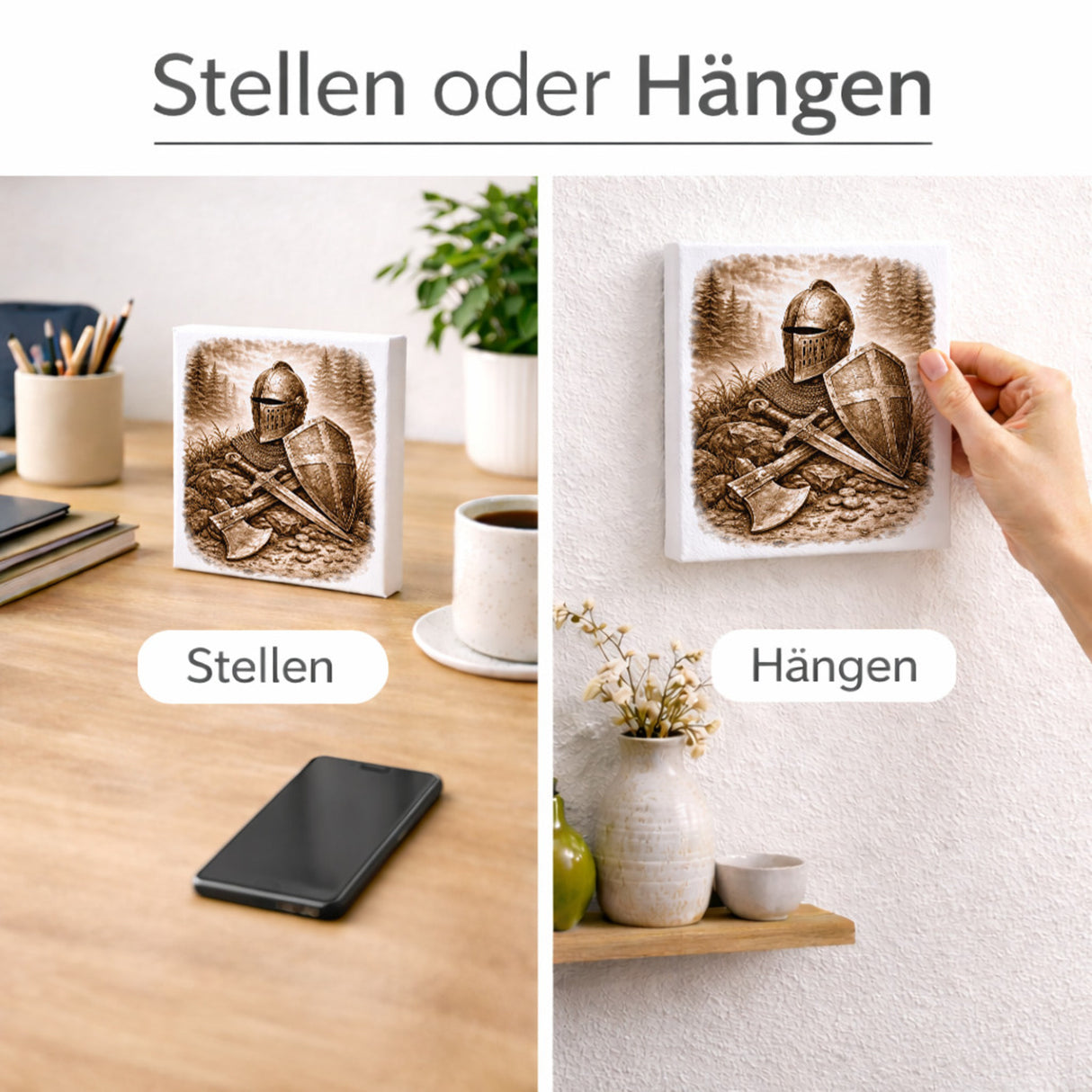 Kämpferisches Erbe Mittelalterliche Waffenrüstung Holzbild in 10x10 cm zum Stellen oder Aufhängen