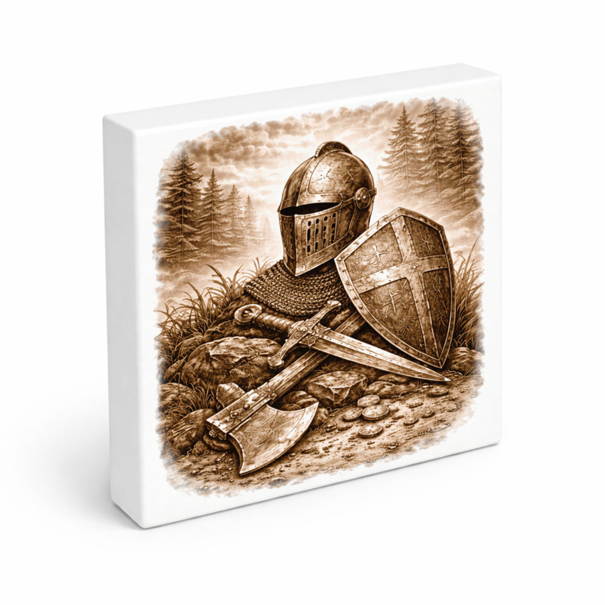 Kämpferisches Erbe Mittelalterliche Waffenrüstung Holzbild in 10x10 cm zum Stellen oder Aufhängen