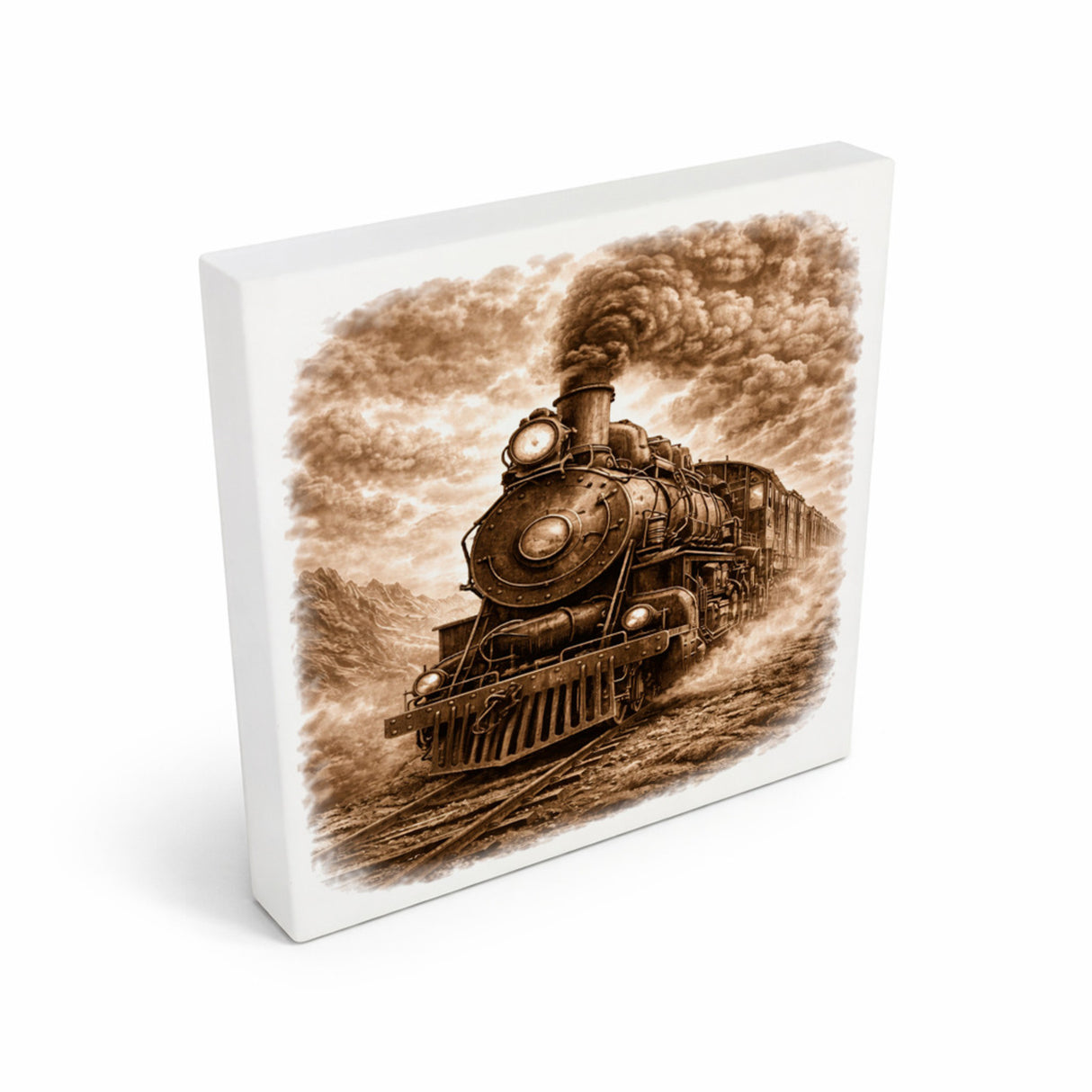 Vintage Energy Dampflok Holzbild in 10x10 cm zum Stellen oder Aufhängen