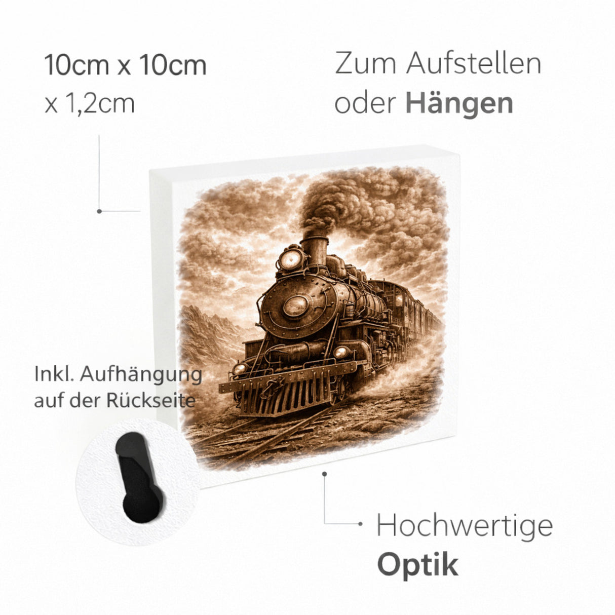 Vintage Energy Dampflok Holzbild in 10x10 cm zum Stellen oder Aufhängen