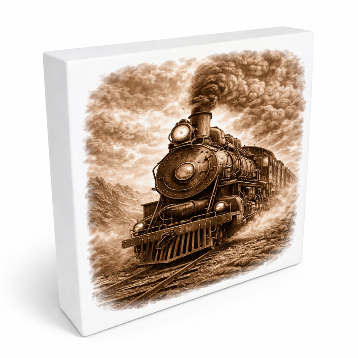 Vintage Energy Dampflok Holzbild in 10x10 cm zum Stellen oder Aufhängen