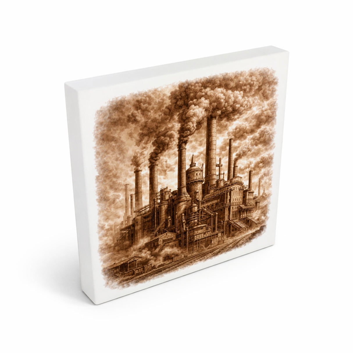 Vintage Energy Industrieanlage Rauch Holzbild in 10x10 cm zum Stellen oder Aufhängen
