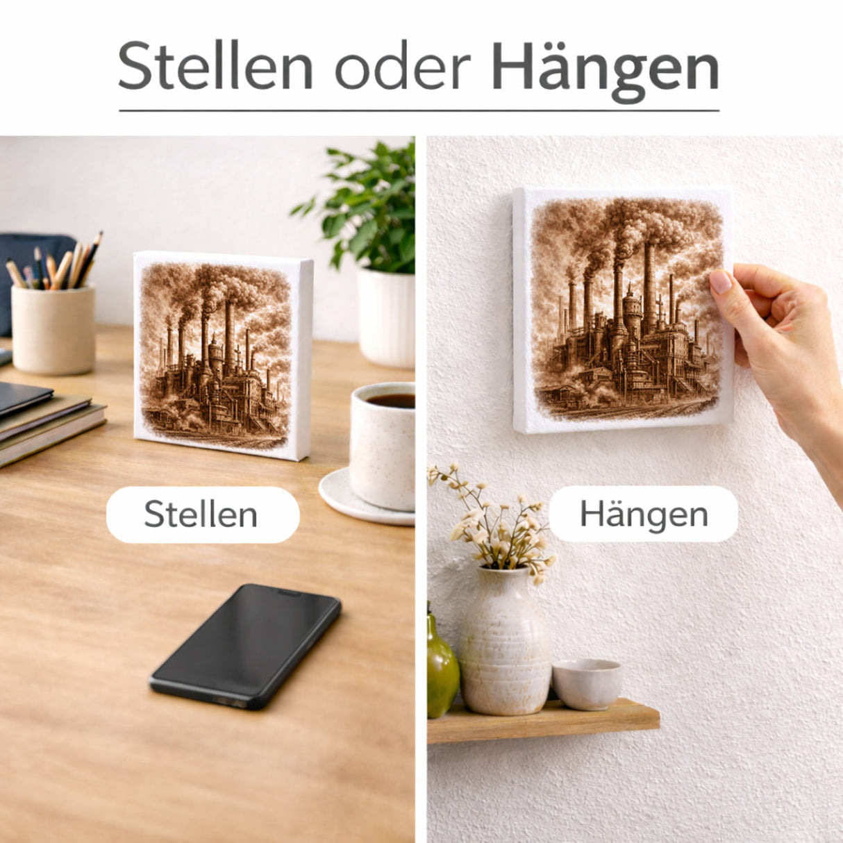 Vintage Energy Industrieanlage Rauch Holzbild in 10x10 cm zum Stellen oder Aufhängen