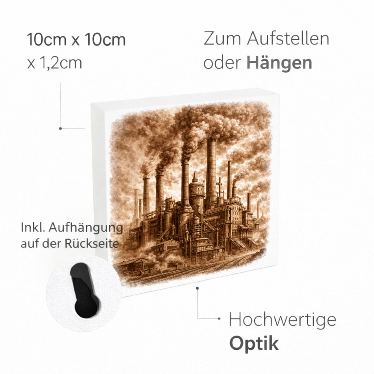 Vintage Energy Industrieanlage Rauch Holzbild in 10x10 cm zum Stellen oder Aufhängen