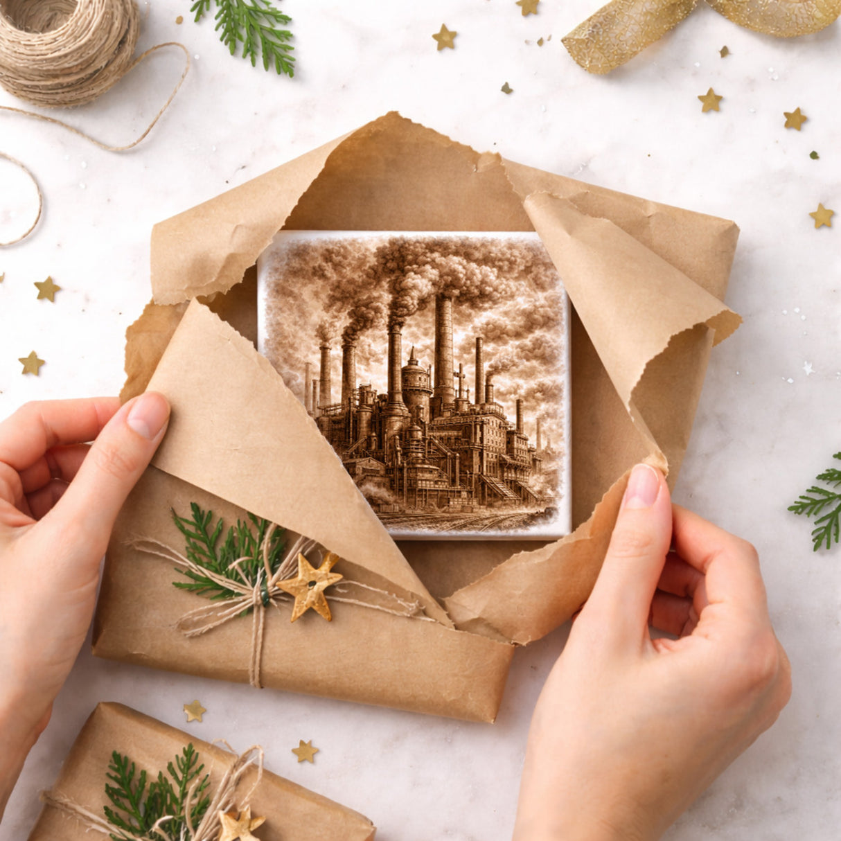 Vintage Energy Industrieanlage Rauch Holzbild in 10x10 cm zum Stellen oder Aufhängen