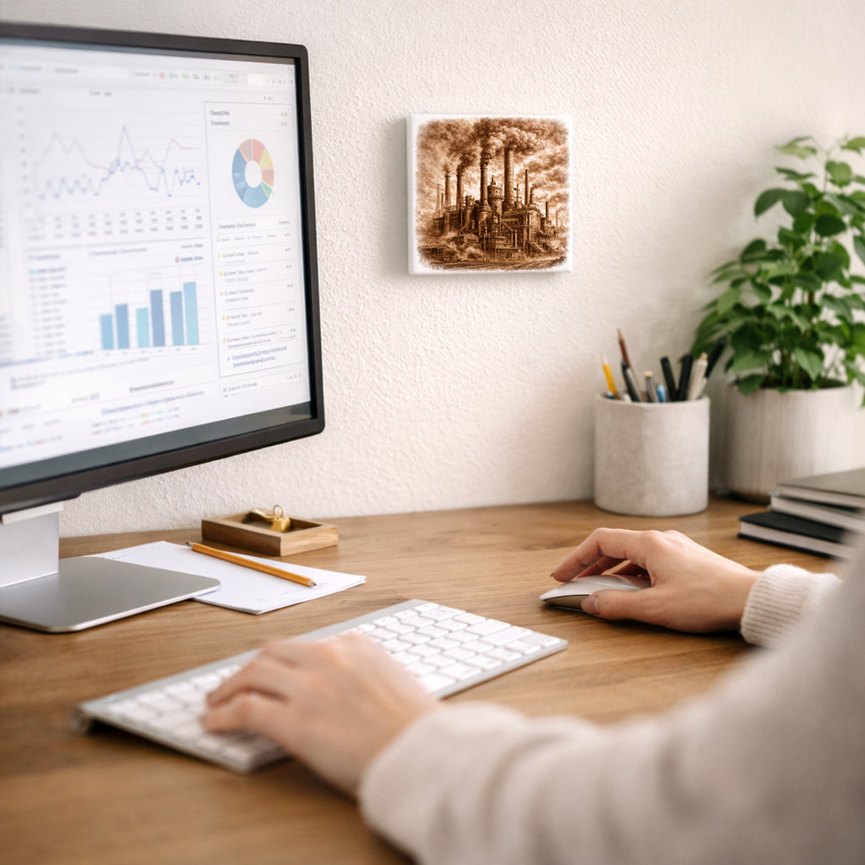 Vintage Energy Industrieanlage Rauch Holzbild in 10x10 cm zum Stellen oder Aufhängen