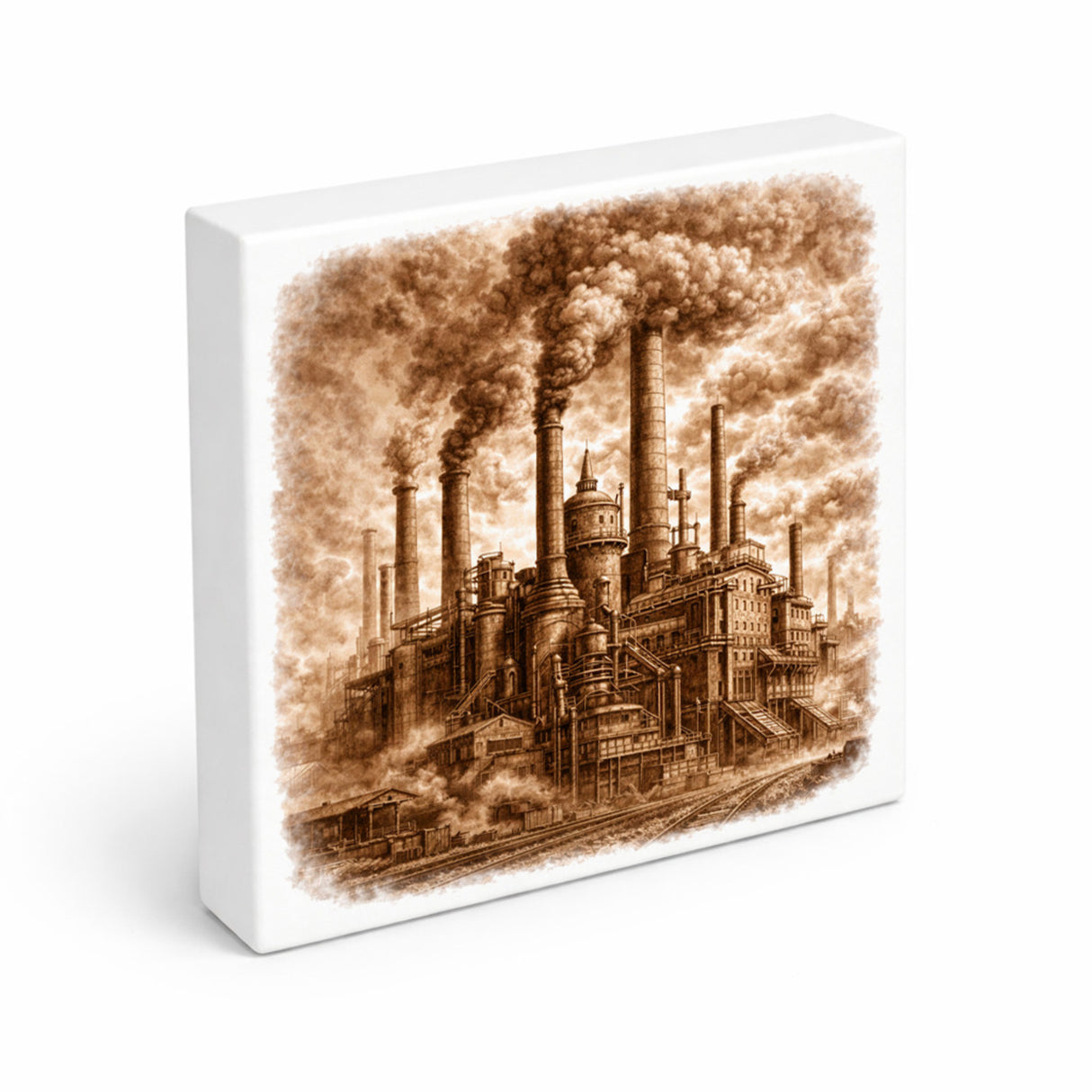 Vintage Energy Industrieanlage Rauch Holzbild in 10x10 cm zum Stellen oder Aufhängen