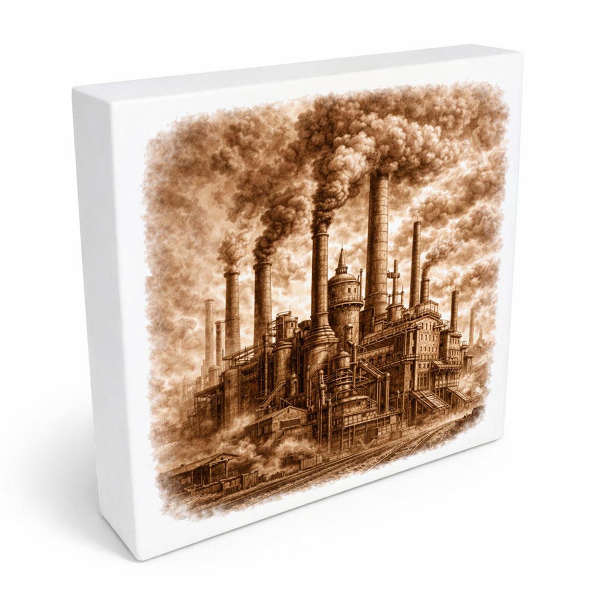 Vintage Energy Industrieanlage Rauch Holzbild in 10x10 cm zum Stellen oder Aufhängen