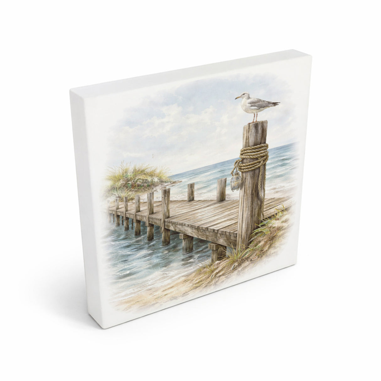 Inselträume Möwe am Steg Holzbild in 10x10 cm zum Stellen oder Aufhängen