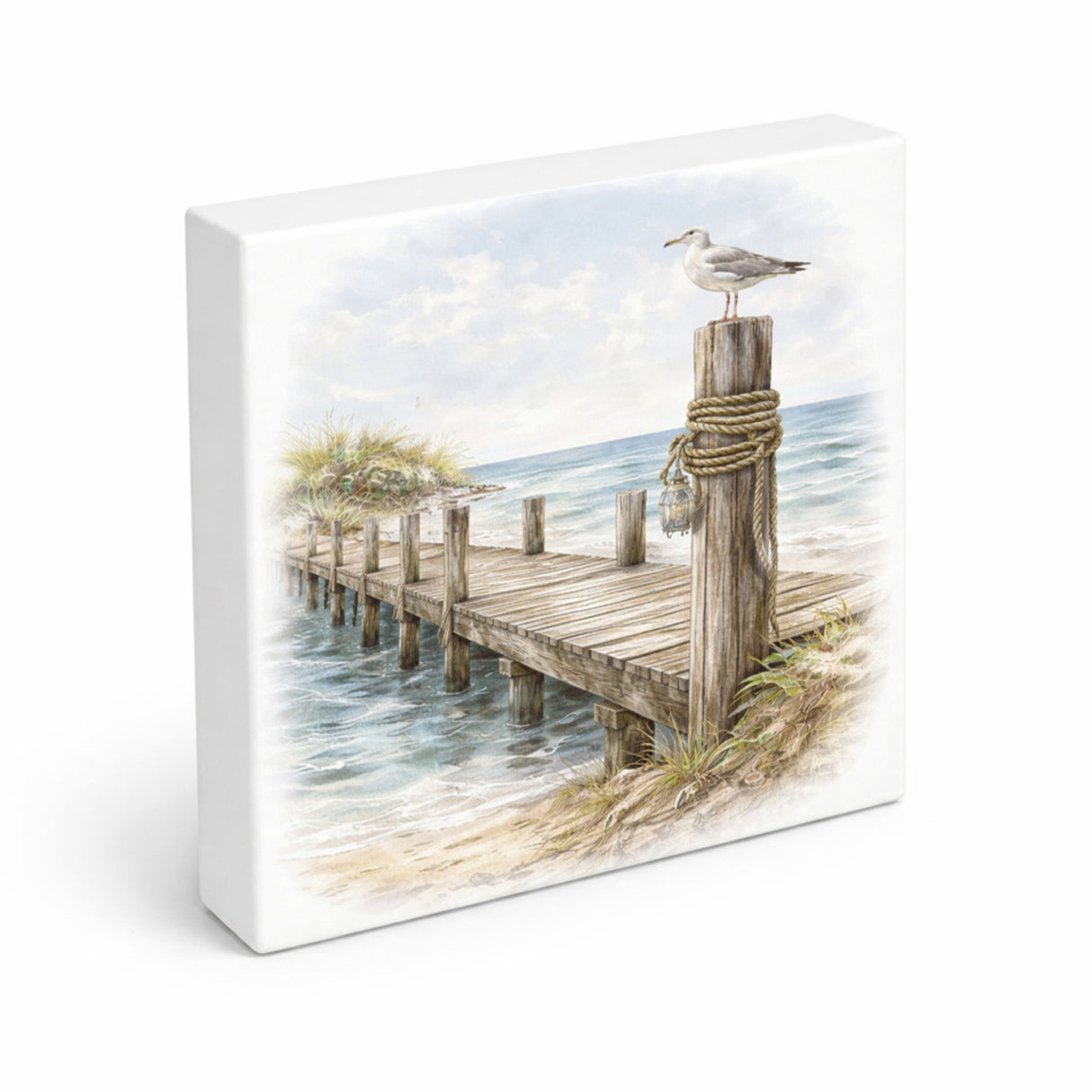 Inselträume Möwe am Steg Holzbild in 10x10 cm zum Stellen oder Aufhängen