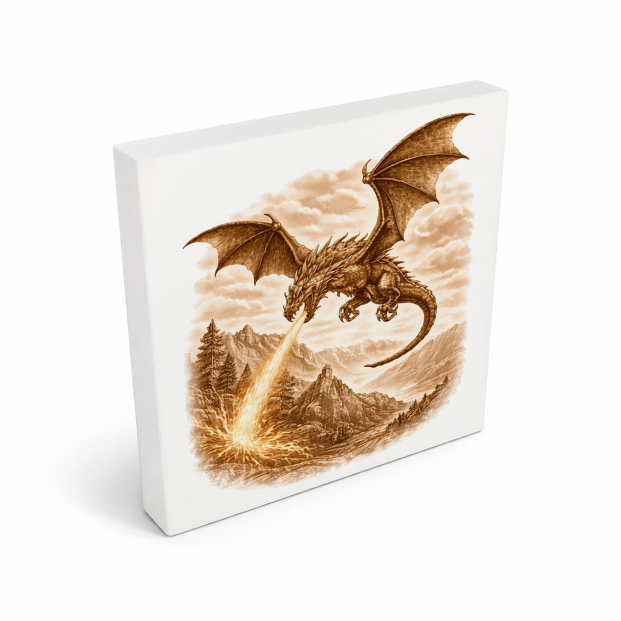 Mythos Freiheit Feuerspeiender Drache Holzbild in 10x10 cm zum Stellen oder Aufhängen