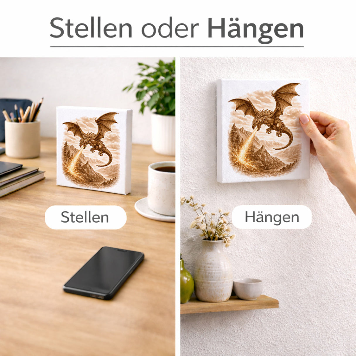 Mythos Freiheit Feuerspeiender Drache Holzbild in 10x10 cm zum Stellen oder Aufhängen