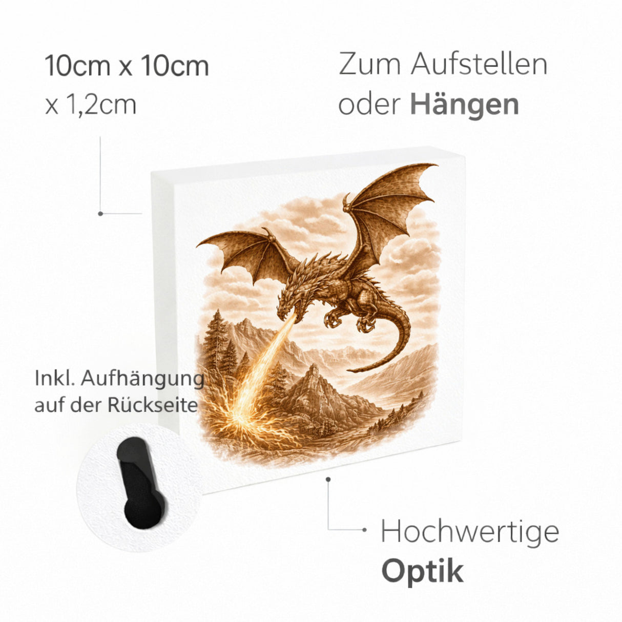 Mythos Freiheit Feuerspeiender Drache Holzbild in 10x10 cm zum Stellen oder Aufhängen