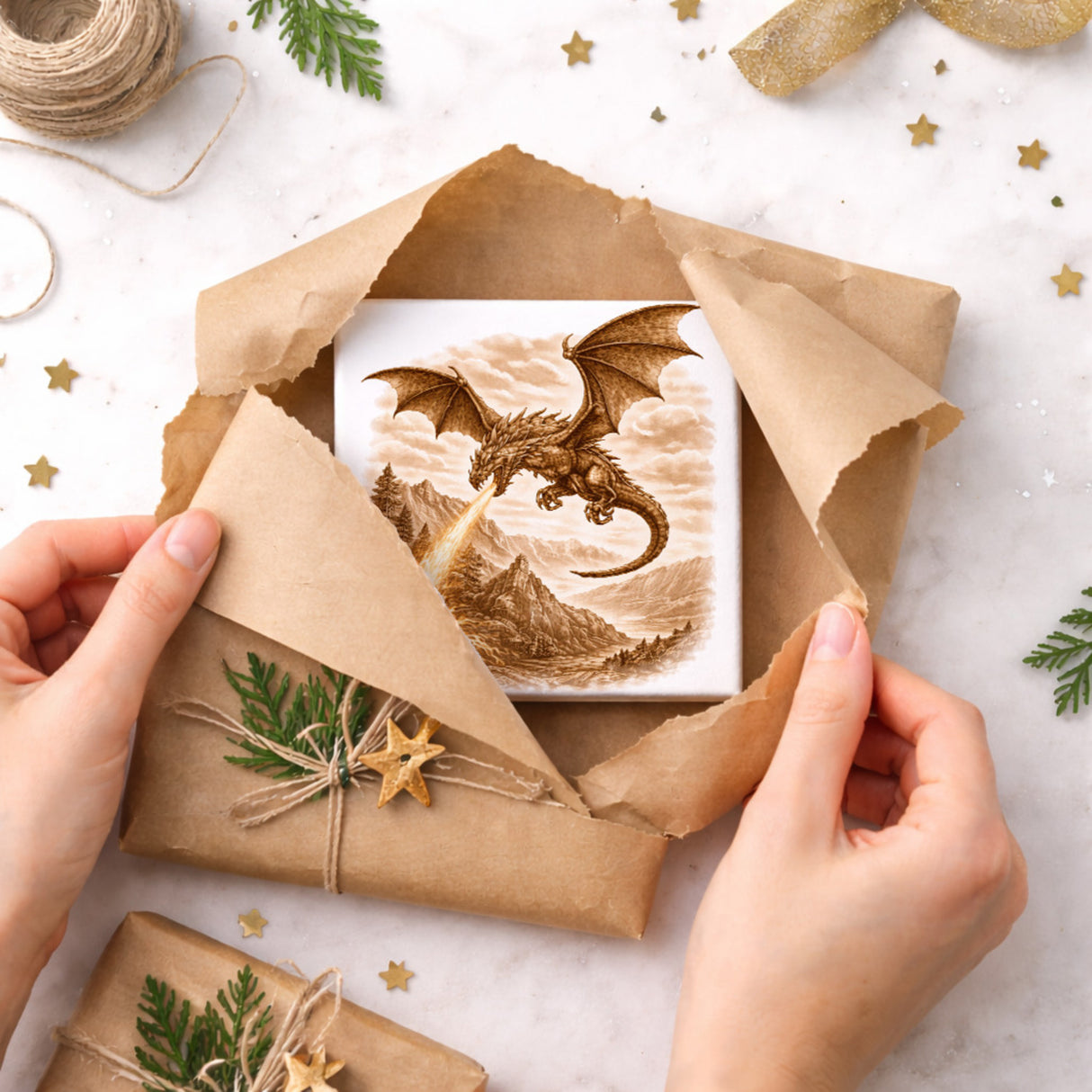 Mythos Freiheit Feuerspeiender Drache Holzbild in 10x10 cm zum Stellen oder Aufhängen