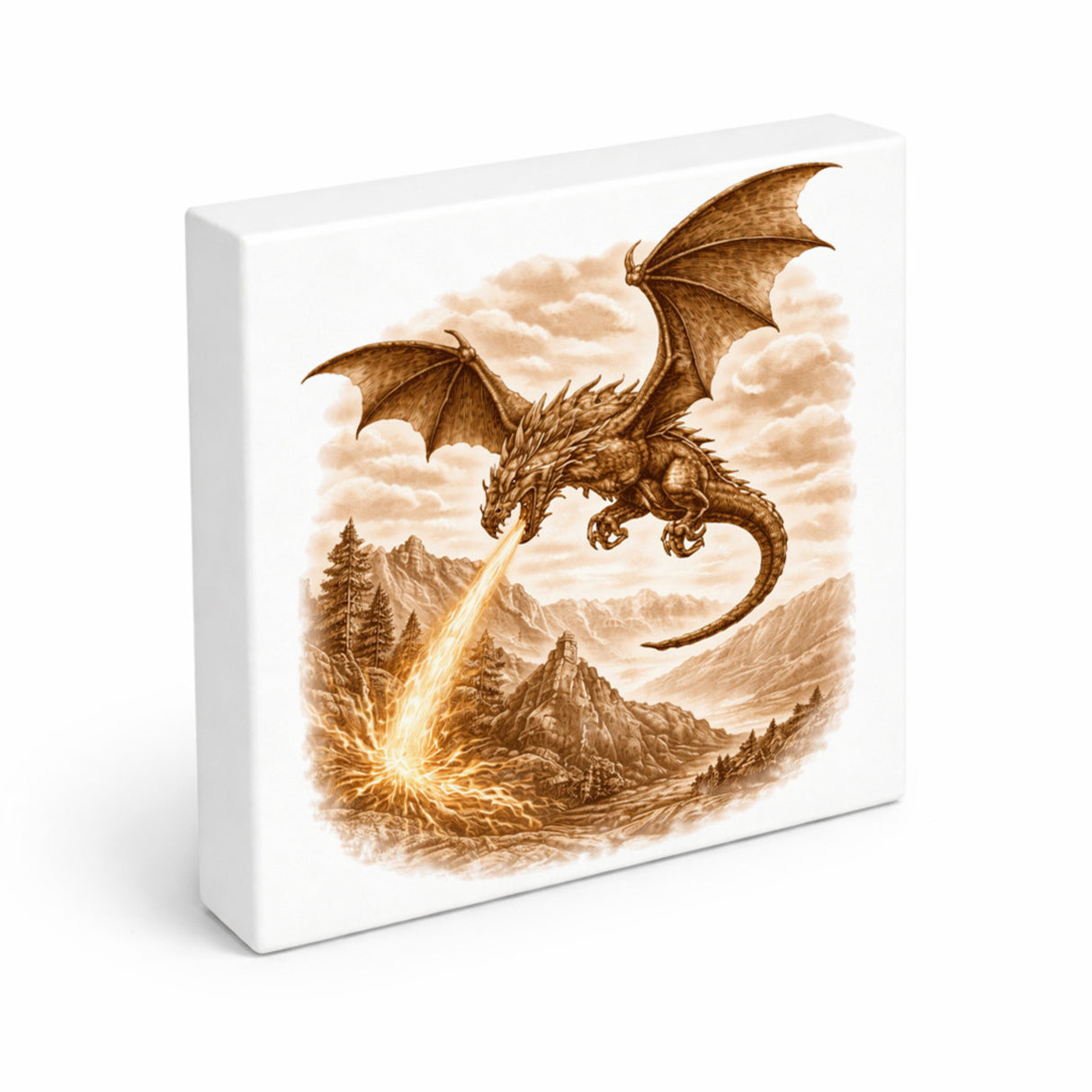 Mythos Freiheit Feuerspeiender Drache Holzbild in 10x10 cm zum Stellen oder Aufhängen