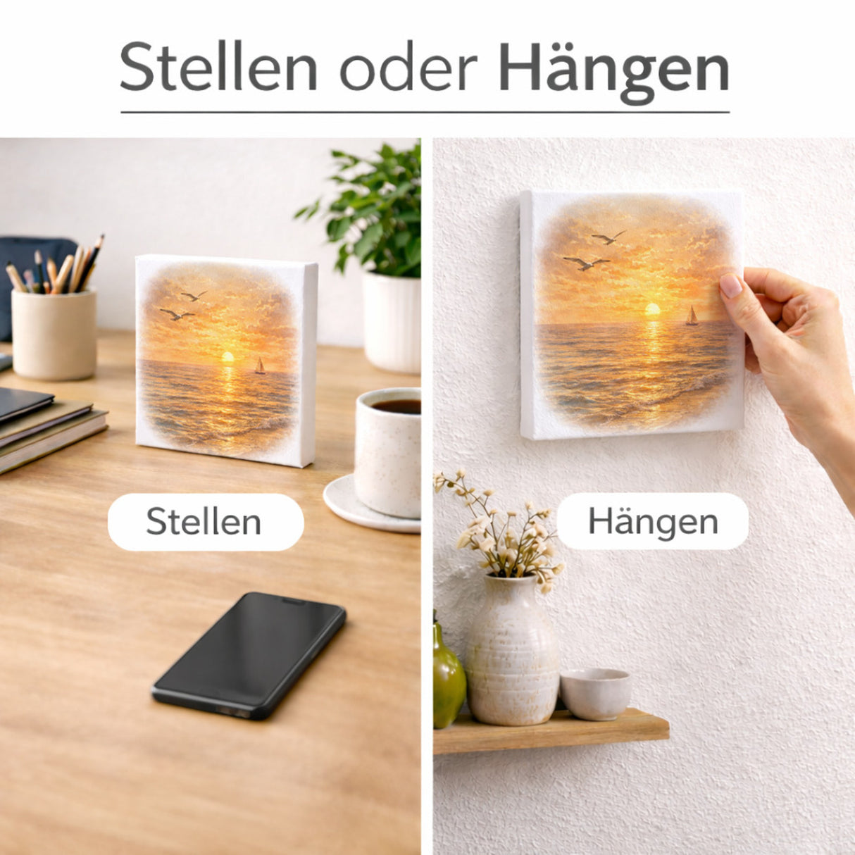 Sonnenuntergang Idylle Meer Sonnenuntergang Holzbild in 10x10 cm zum Stellen oder Aufhängen