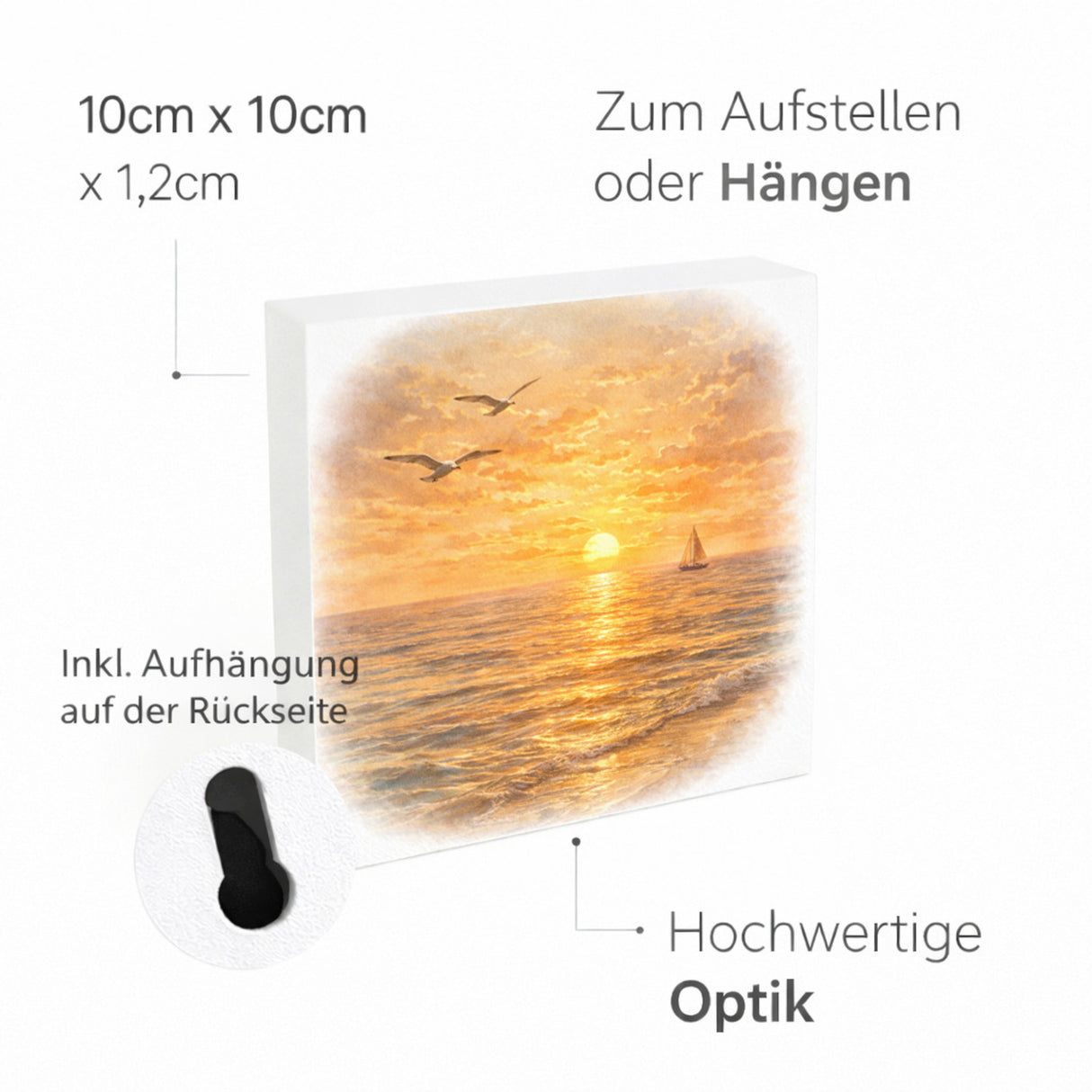 Sonnenuntergang Idylle Meer Sonnenuntergang Holzbild in 10x10 cm zum Stellen oder Aufhängen