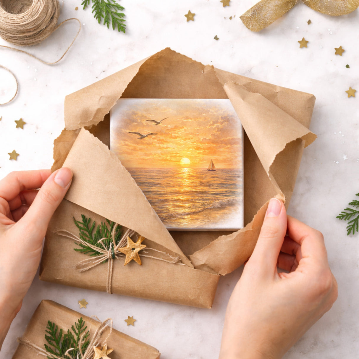 Sonnenuntergang Idylle Meer Sonnenuntergang Holzbild in 10x10 cm zum Stellen oder Aufhängen