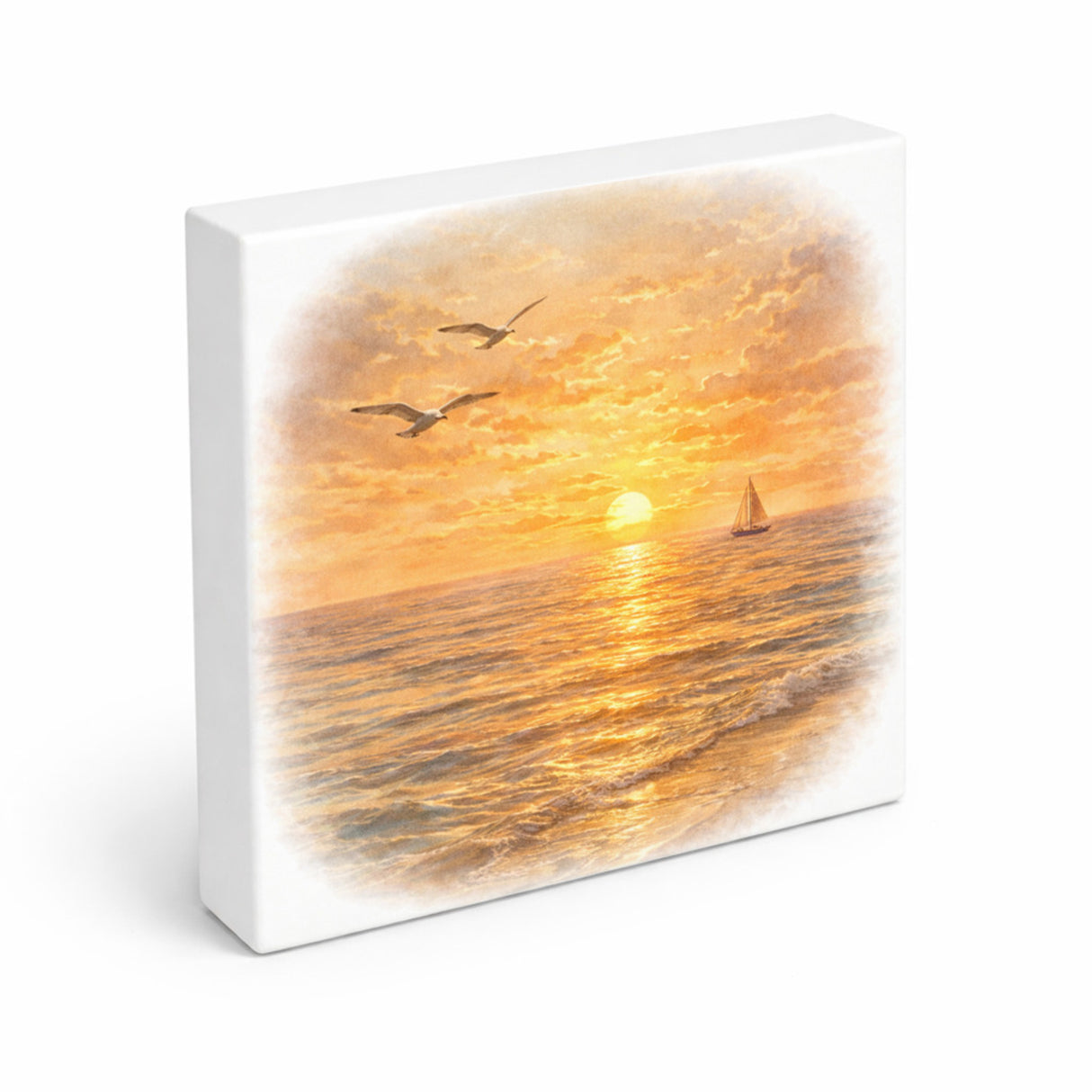 Sonnenuntergang Idylle Meer Sonnenuntergang Holzbild in 10x10 cm zum Stellen oder Aufhängen