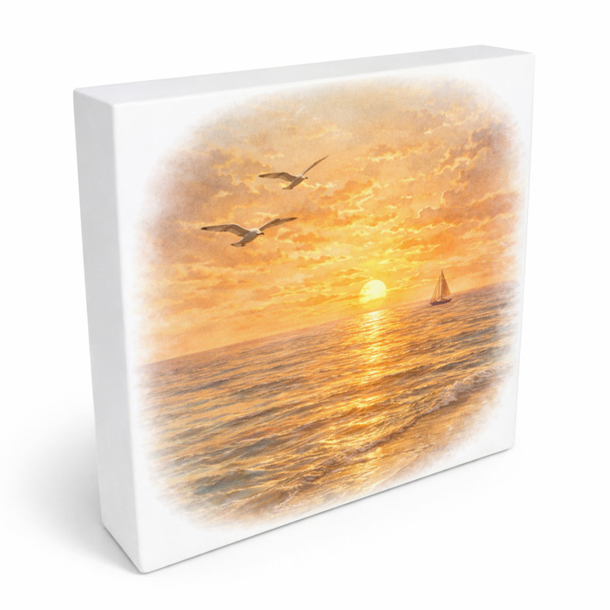 Sonnenuntergang Idylle Meer Sonnenuntergang Holzbild in 10x10 cm zum Stellen oder Aufhängen
