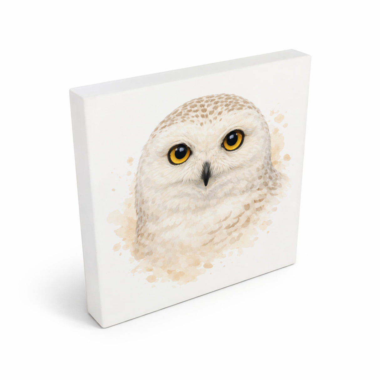 Schneeeulenzauber Schneeeulen Portrait Holzbild in 10x10 cm zum Stellen oder Aufhängen