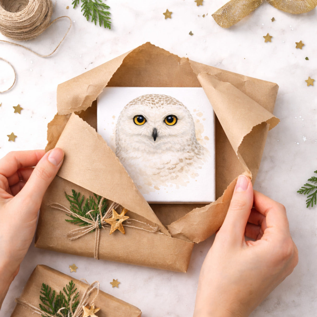 Schneeeulenzauber Schneeeulen Portrait Holzbild in 10x10 cm zum Stellen oder Aufhängen