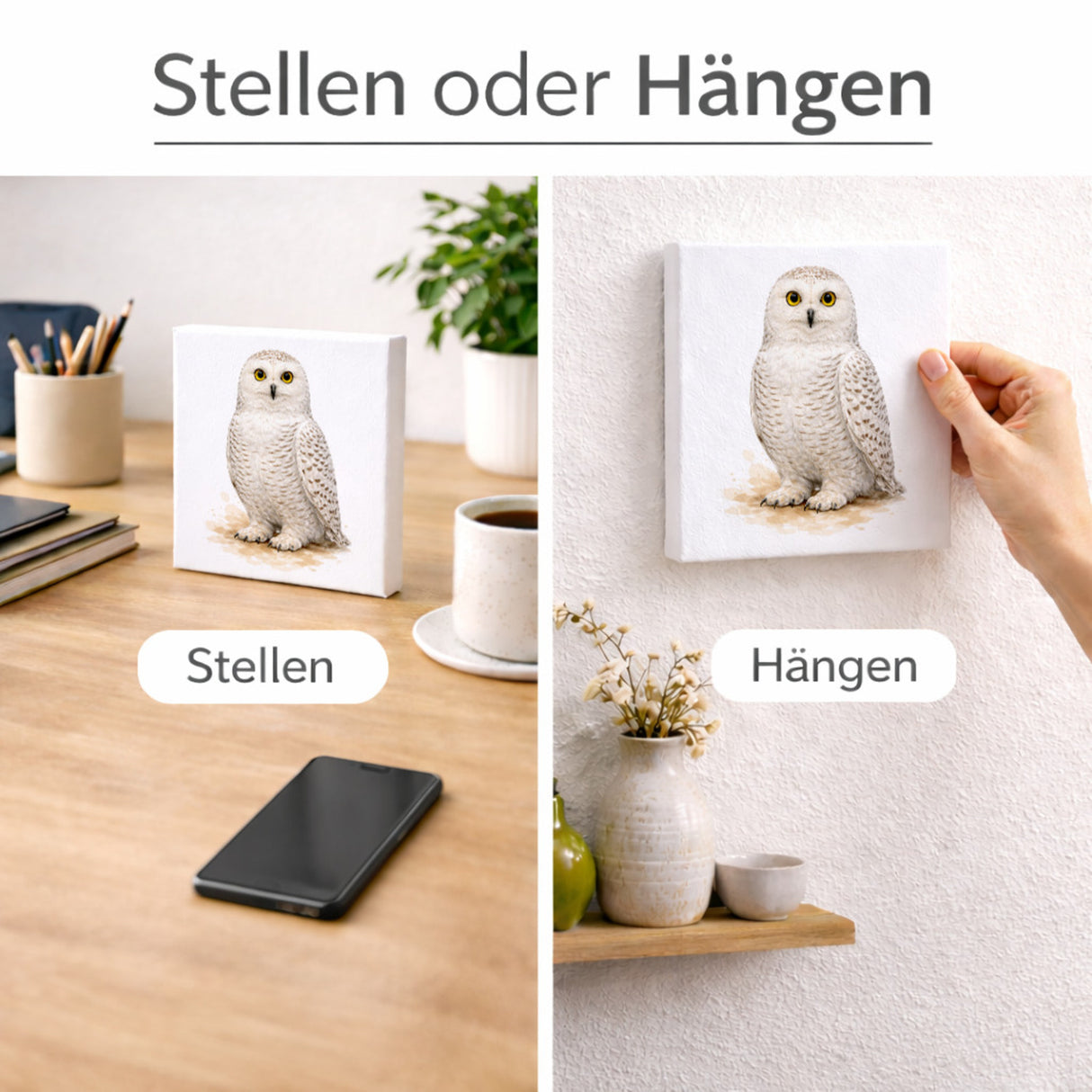 Schneeeulenzauber Schnee-Eule Holzbild in 10x10 cm zum Stellen oder Aufhängen