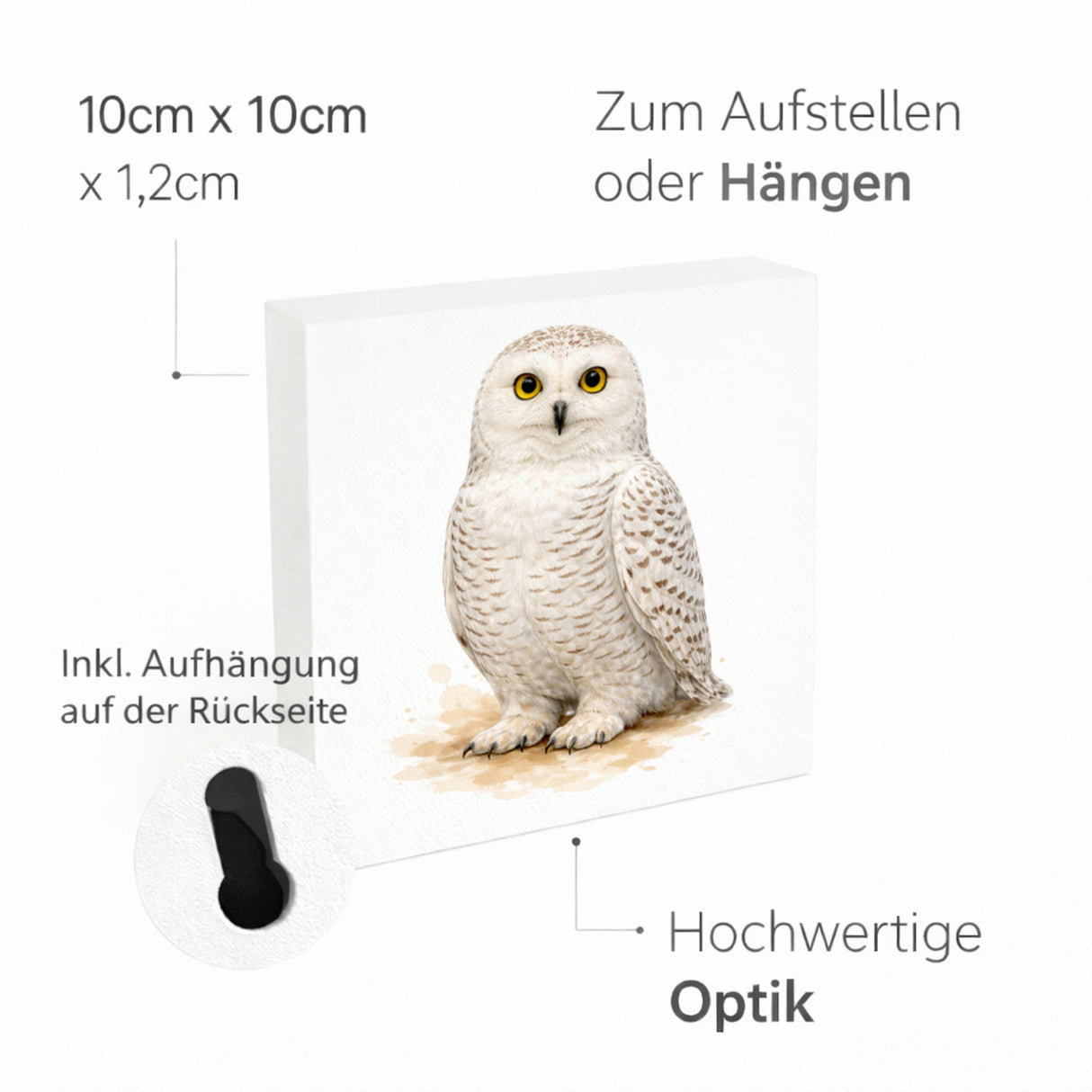 Schneeeulenzauber Schnee-Eule Holzbild in 10x10 cm zum Stellen oder Aufhängen
