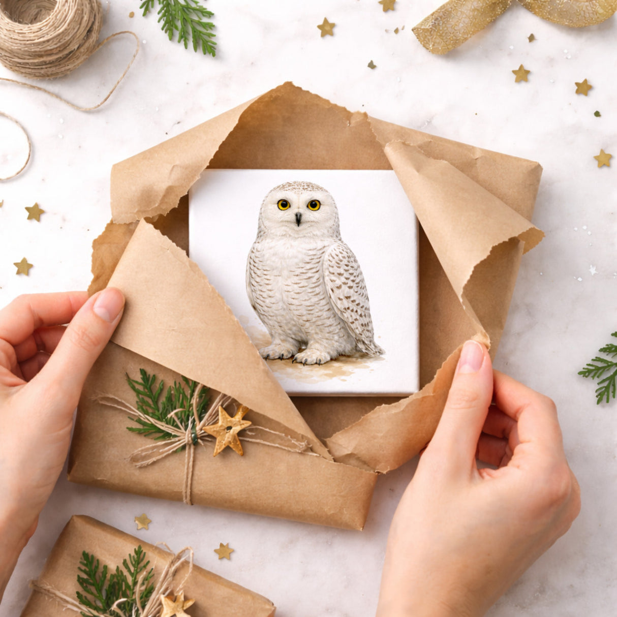 Schneeeulenzauber Schnee-Eule Holzbild in 10x10 cm zum Stellen oder Aufhängen