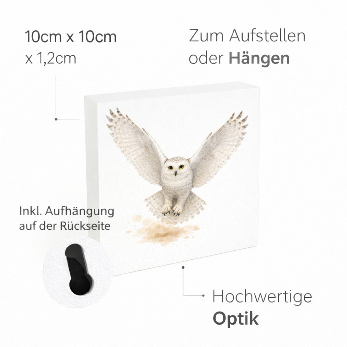 Schneeeulenzauber Schneeeule Flug Holzbild in 10x10 cm zum Stellen oder Aufhängen