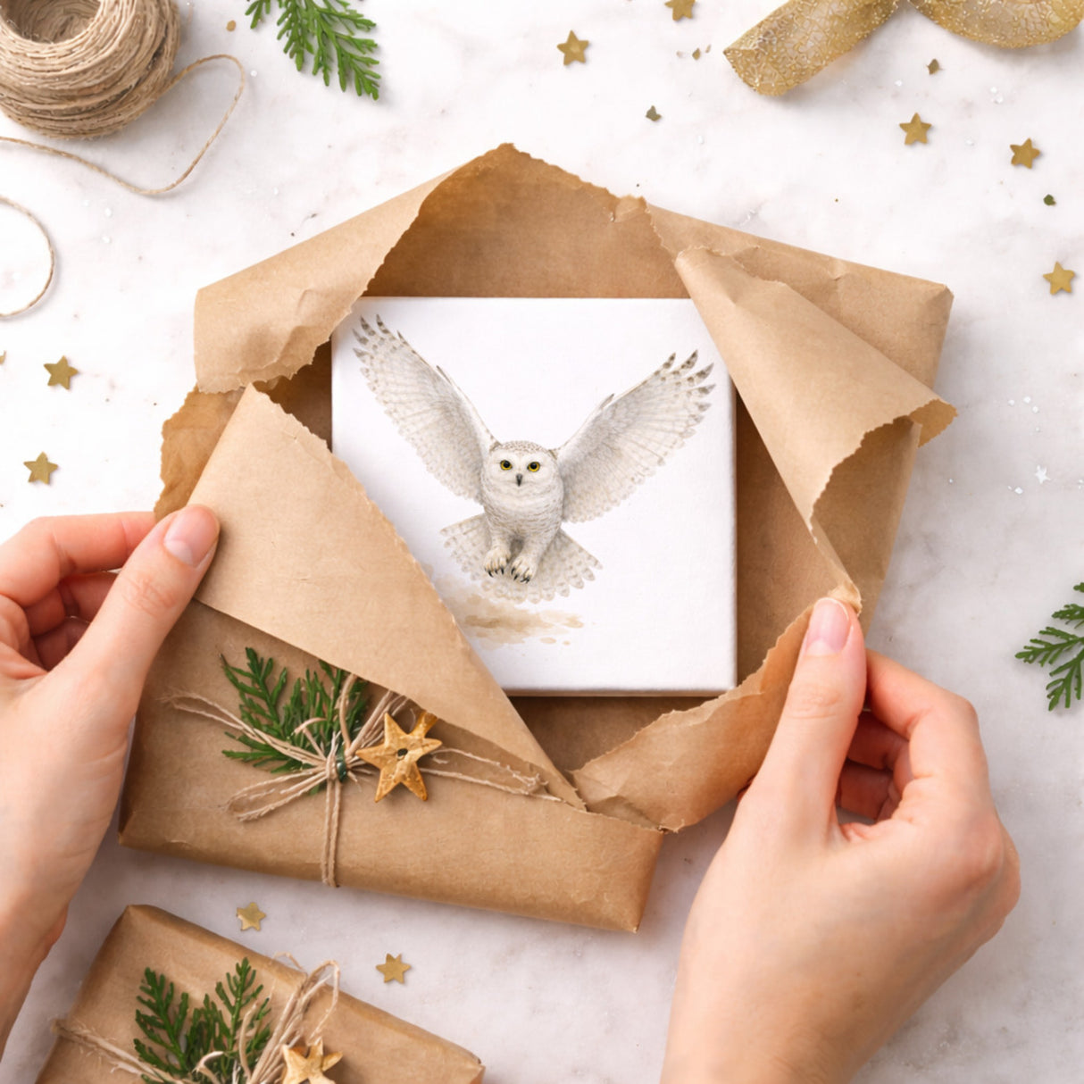 Schneeeulenzauber Schneeeule Flug Holzbild in 10x10 cm zum Stellen oder Aufhängen