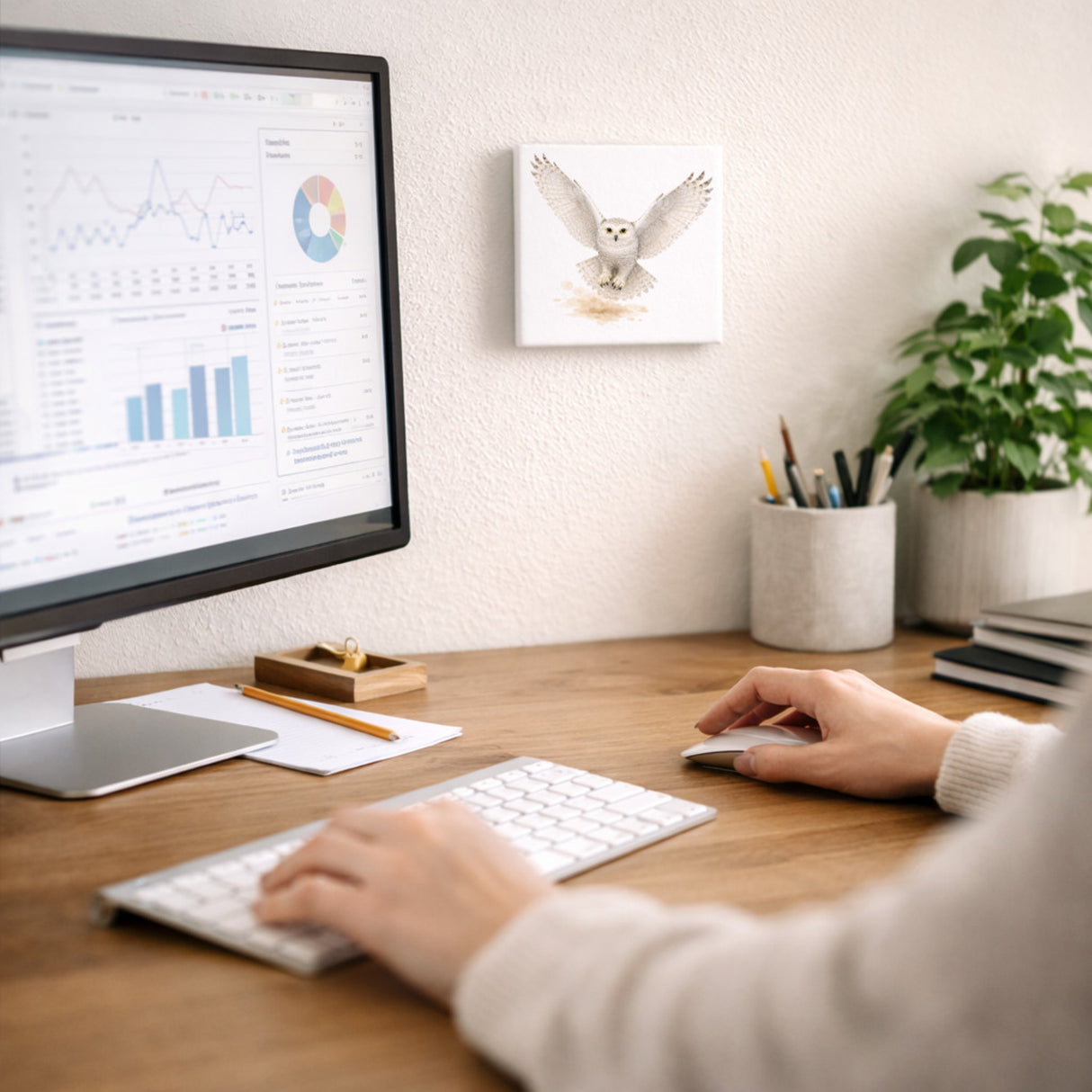 Schneeeulenzauber Schneeeule Flug Holzbild in 10x10 cm zum Stellen oder Aufhängen