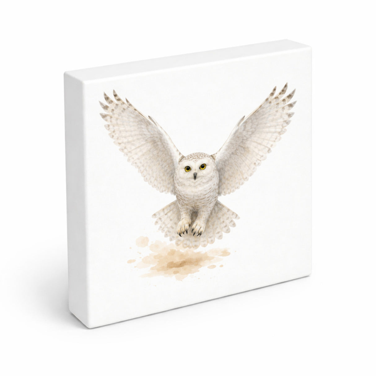 Schneeeulenzauber Schneeeule Flug Holzbild in 10x10 cm zum Stellen oder Aufhängen