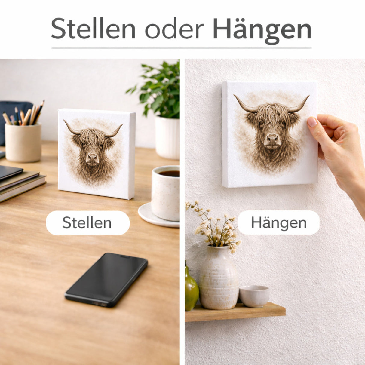 Rustikale Momente Hochlandrind Portrait Holzbild in 10x10 cm zum Stellen oder Aufhängen