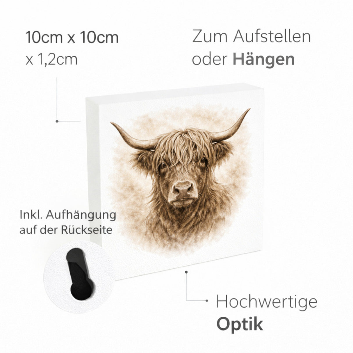 Rustikale Momente Hochlandrind Portrait Holzbild in 10x10 cm zum Stellen oder Aufhängen