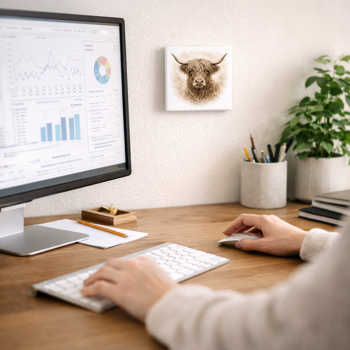 Rustikale Momente Hochlandrind Portrait Holzbild in 10x10 cm zum Stellen oder Aufhängen