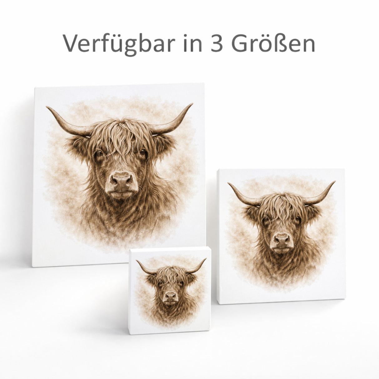 Rustikale Momente Hochlandrind Portrait Holzbild in 10x10 cm zum Stellen oder Aufhängen