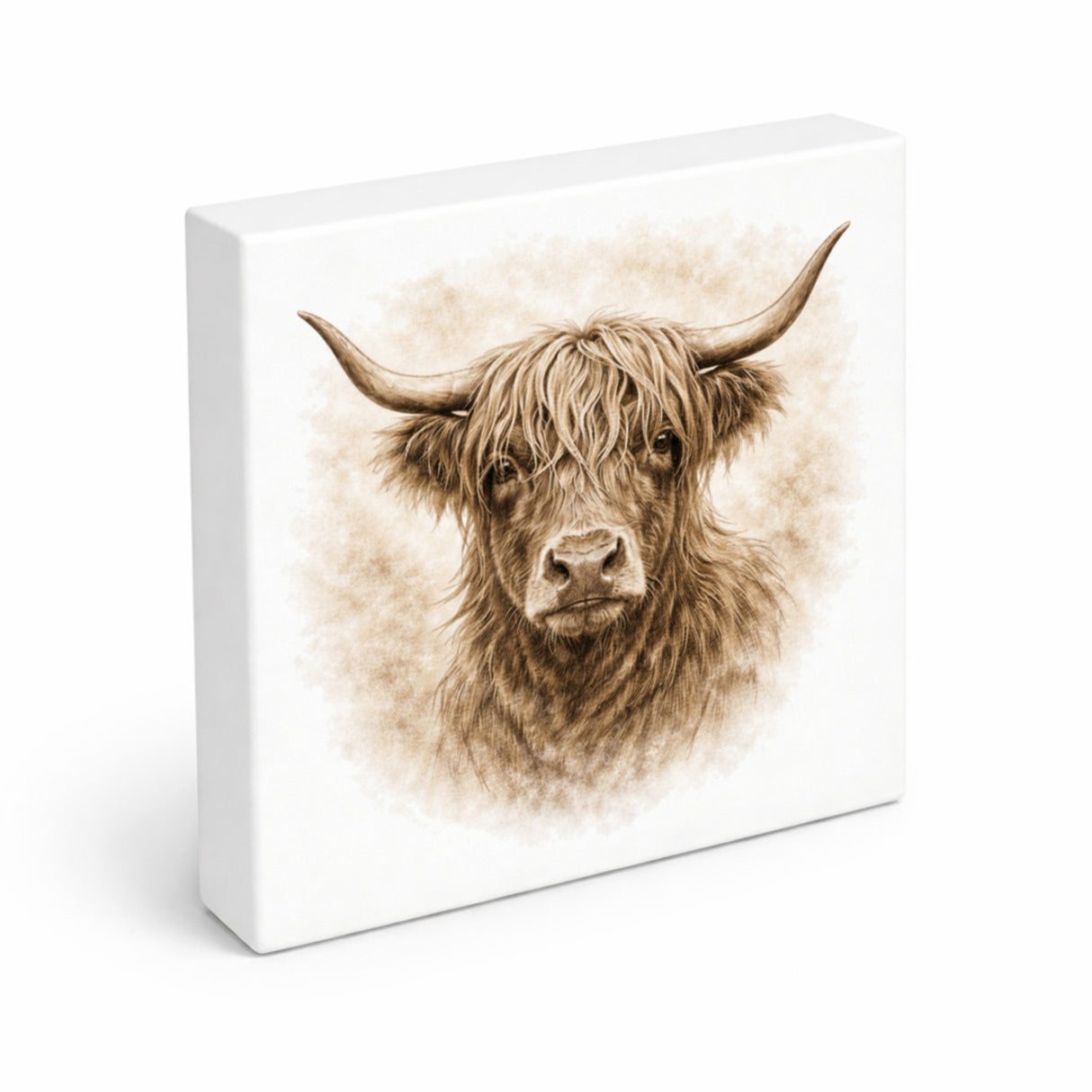 Rustikale Momente Hochlandrind Portrait Holzbild in 10x10 cm zum Stellen oder Aufhängen