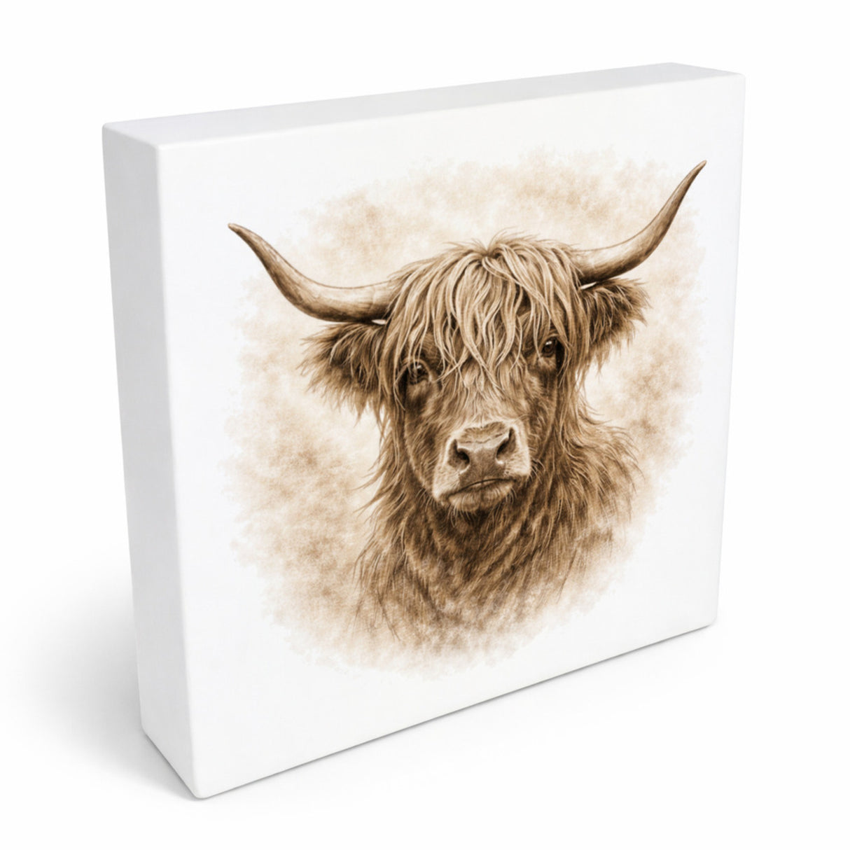 Rustikale Momente Hochlandrind Portrait Holzbild in 10x10 cm zum Stellen oder Aufhängen