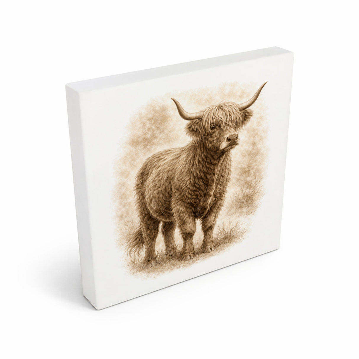 Rustikale Momente Hochlandrind Holzbild in 10x10 cm zum Stellen oder Aufhängen
